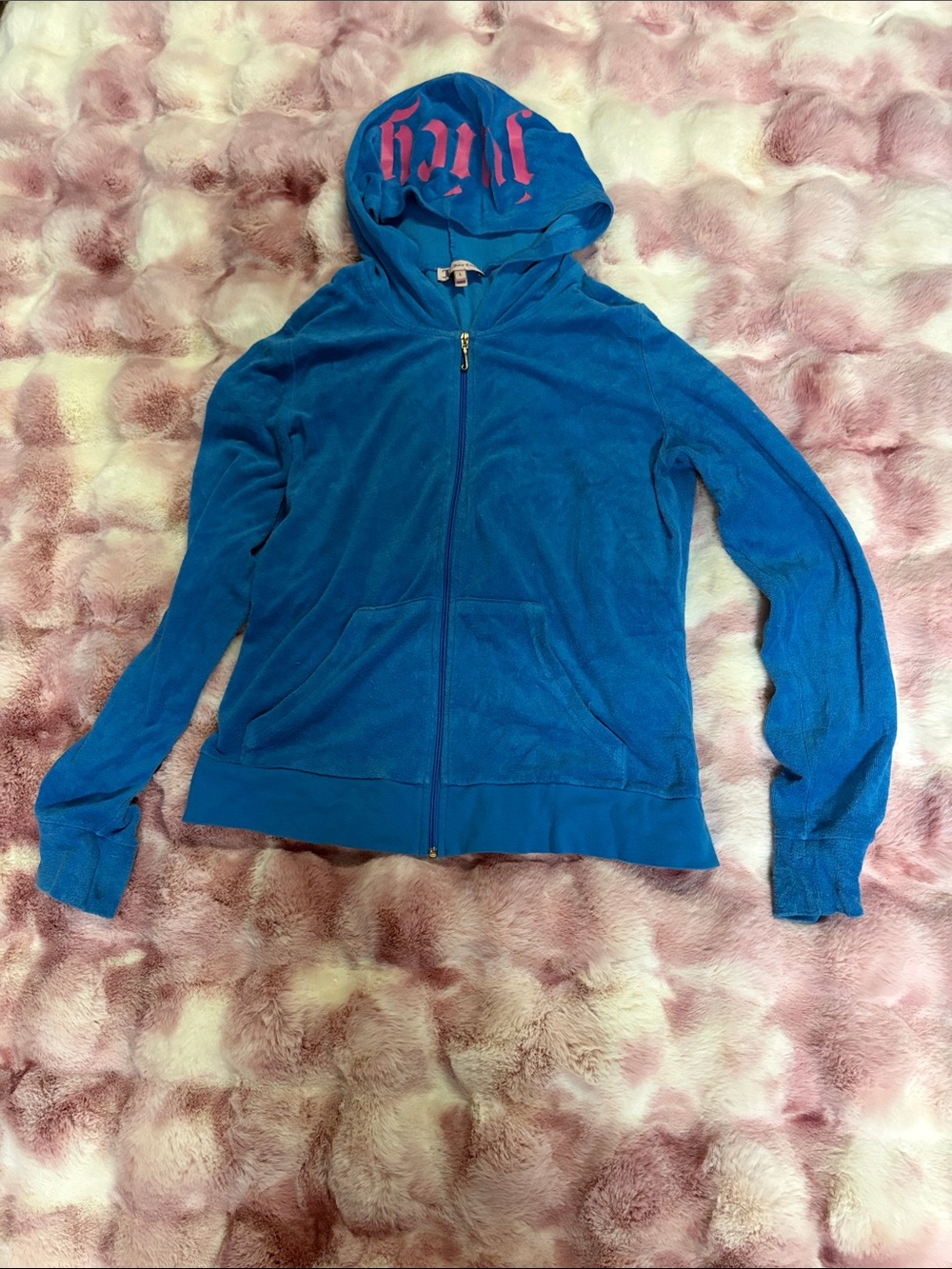 Juicy Couture Blue Terry Cloth  Zip Hoodie with Pink Hood Script